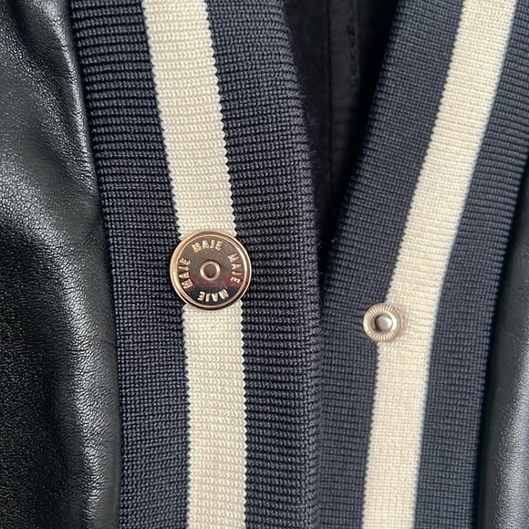 Maje Black and Cream Varsity Jacket leather cropped 3/4 sleeves 40 US 8 - Picture 5 of 8